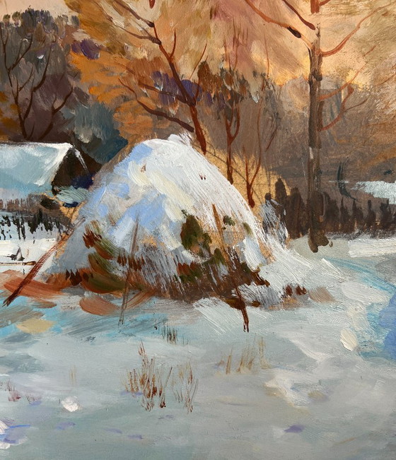 Image 1 of Original Oil Painting Snow Village Landscape Snow and sunset lights