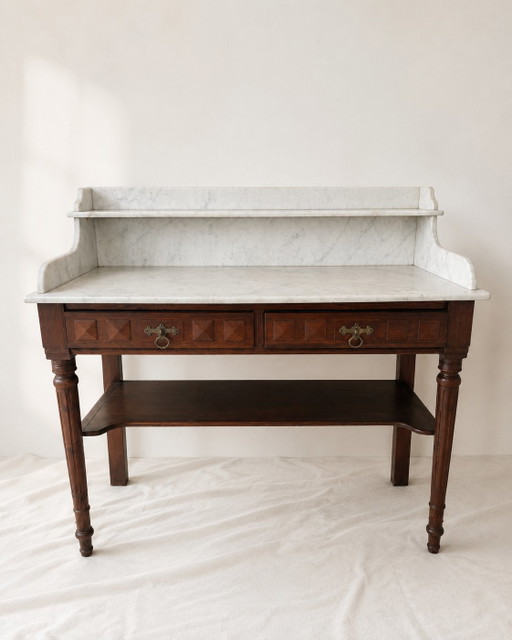 Antiker Schminktisch im Stil Ludwigs XVI. aus Holz und weiß geädertem Marmor – ladekasten, Wood, Marble