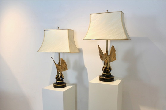 Coppia di Grandi Lampade da Tavolo Scultura Aquila in Ottone Belga per DeKnudt, Seta, Mid Century Modern (foto 9 di 16)