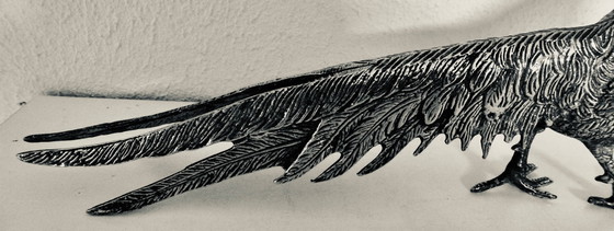 Image 1 of Magnifique paire de faisans en bronze argenté. Vintage - années 1950.