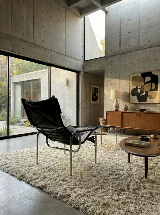 Image 1 of HANS EICHENBERGER PER STRÄSSLE POLTRONA RELAX LOUNGE E OTTOMANO BAUHAUS IN PELLE CROMATA SVIZZERA ANNI '70