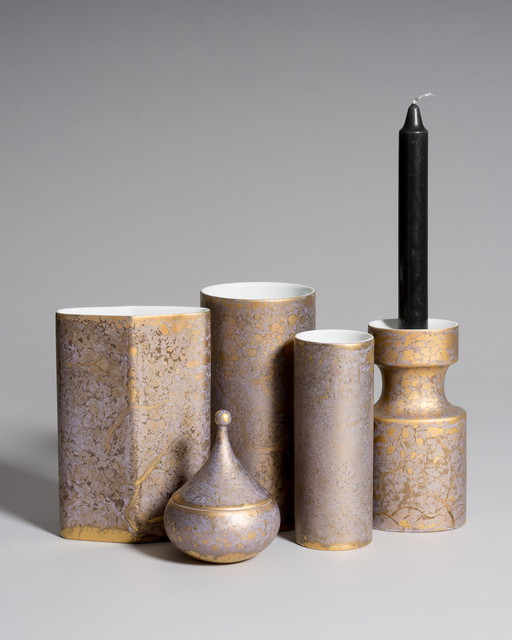 Exquisite Hand-Painted Helmut Drexler Porcelain Set of Five Vessels – Gold & Violet-Grey ‘Goldfeuer’ Series