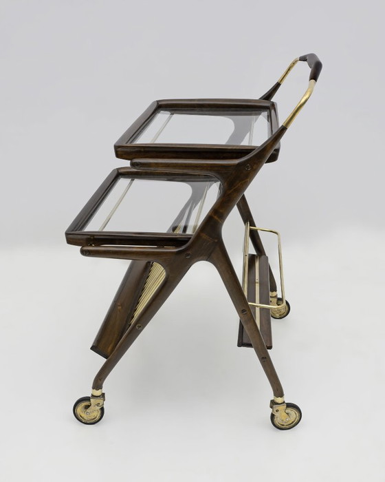 Image 1 of Cesare Lacca Mid-Century Modern Italian Walnut and Brass Bar Cart by Cassina 50s