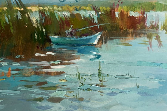Image 1 of Peinture à l'huile originale représentant un paysage côtier fluvial, avec des pêcheurs parmi les roseaux.