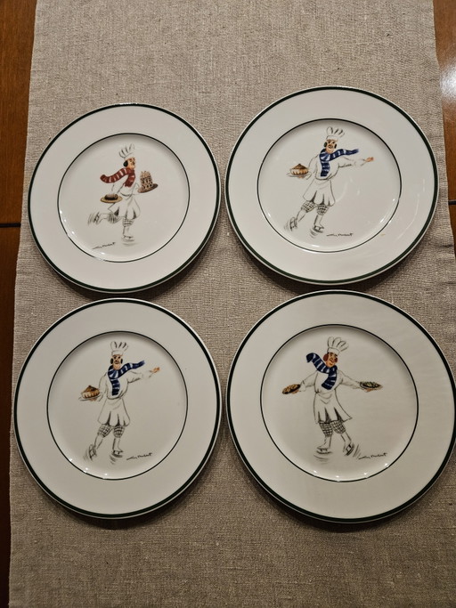 Guy Buffet 'Skating Chefs' 4 assiettes en porcelaine