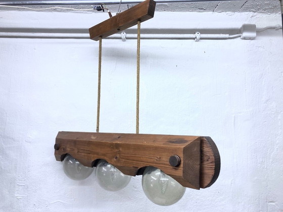 Image 1 of Hanglamp van Temde, gemaakt van hout en glas, met drie lichtpunten, in brutalistische stijl uit de jaren 70.