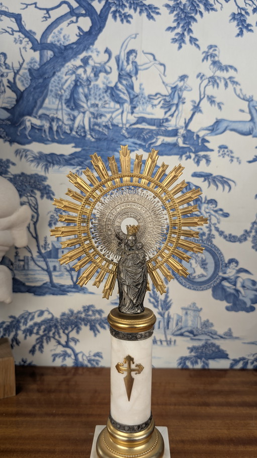 Virgin Of The Pillar & The Child Jesus Statue In Gilded Brass, Sterling Silver And Onyx
