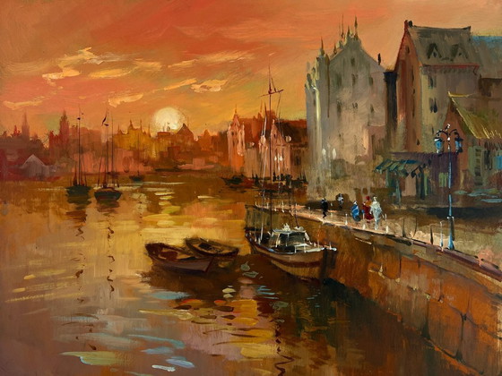 Image 1 of Original Oil Painting Evening City Landscape Venice romantic sunset