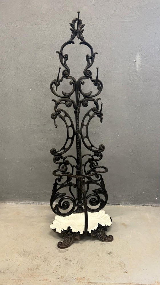 Image 1 of Antique Cast Iron Hall Stand, Victorian Coat Rack with Marble Base, Ornate Hall Tree, 19th Century