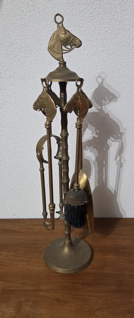 Messing haardstel met paardenkoppen, Decoratieve objecten, Gold, Vintage (foto 2 van 8)