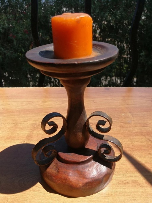 Antique wood and wrought iron candlestick