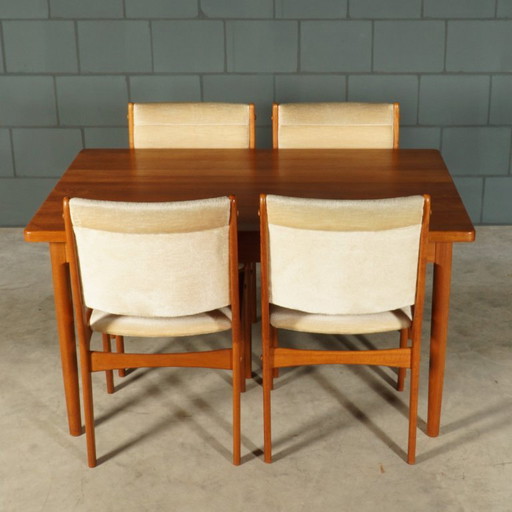 Set da pranzo in teak di metà secolo: tavolo e 4 sedie. – eetkamerset, Velvet