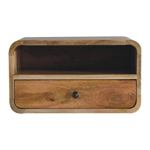 Grande table de chevet suspendue avec tiroir en bois de manguier massif aspect chêne