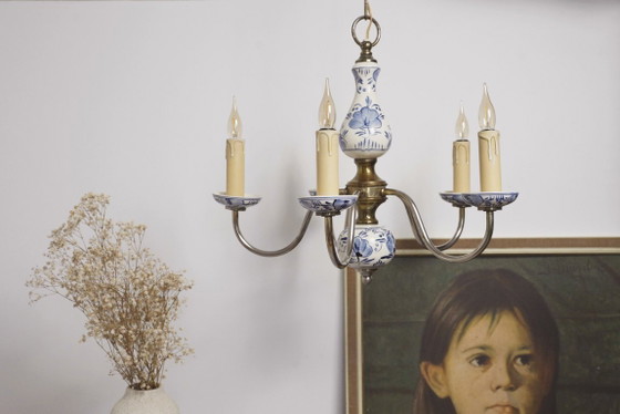 Image 1 of Antique Delft Blue Porcelain Chandelier Dutch Ceramic Ceiling Light Blue White Farmhouse Cottagecore Lighting