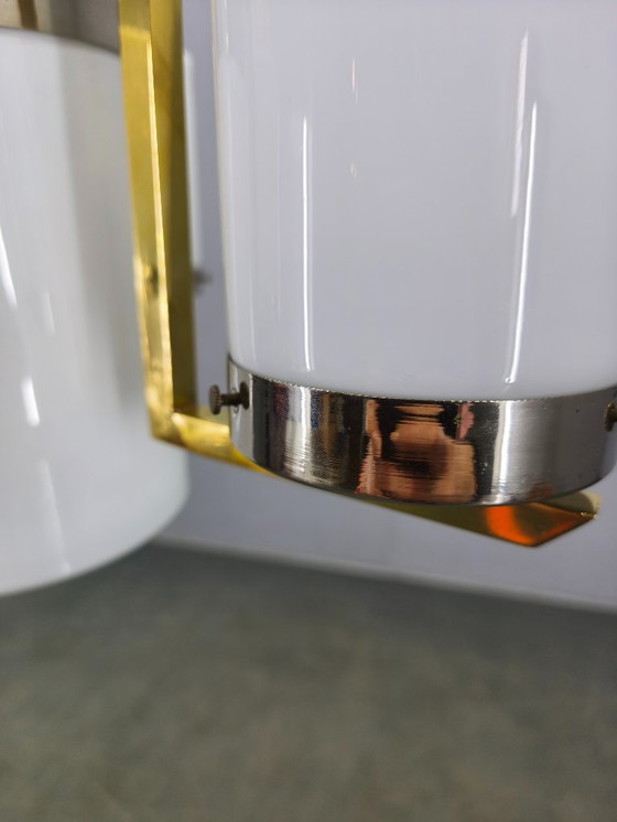 Image 1 of Tschechoslowakischer Art-Deco-Kronleuchter aus Messing und Chrom mit Opalglas, 1930er Jahre