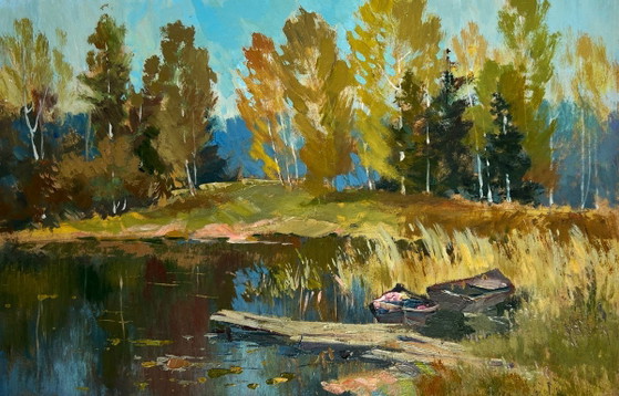 Image 1 of Original Oil Painting Autumn Forest Landscape Forest reflection in a pond