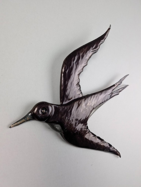 Image 1 of Pair Metal Swallow Wall Sculptures, Signed, 1970s