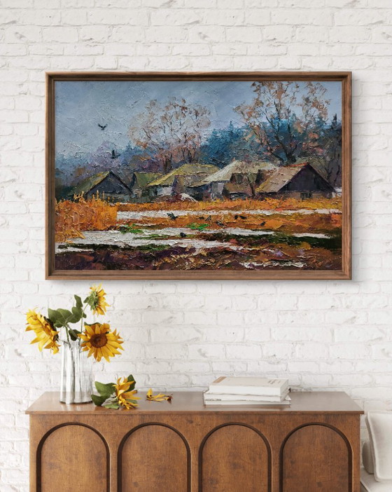 Original Oil Painting Rural Landscape The First Snow Fell In The Village – Paintings & Drawings, Canvas (photo 3 of 7)