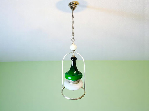 Portuguese Mid Century Modern Green Opaline Milk Glass Chandelier for High Ceilings, 1940s-50s