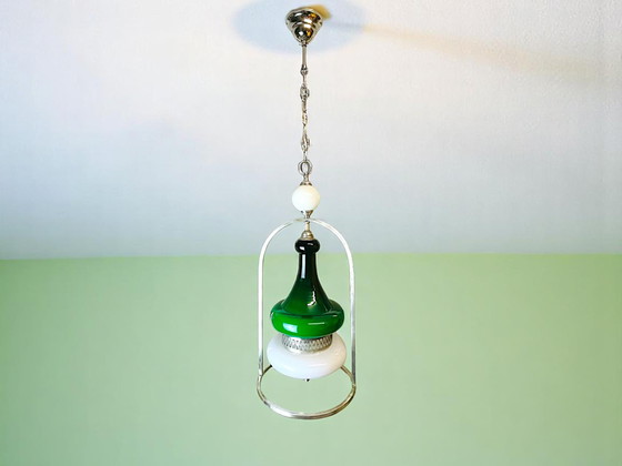 Image 1 of Portuguese Mid Century Modern Green Opaline Milk Glass Chandelier for High Ceilings, 1940s-50s
