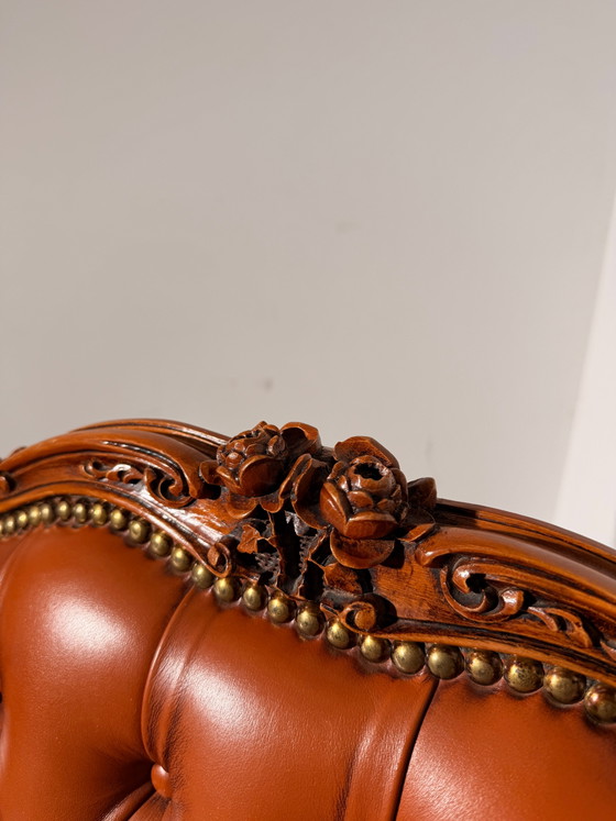 Antieke Cognac Leren Bergère Fauteuil – Wood (photo 4 of 6)
