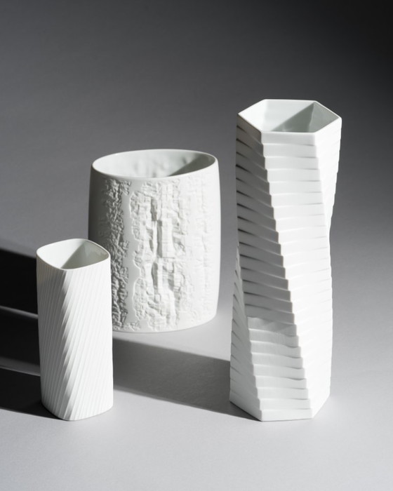 Image 1 of Rosenthal Bisque Porcelain Vase Trio Schreib, Freyer & XL “Pisa” Germany 70s-80s