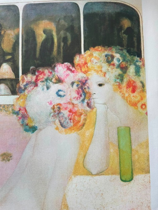 Leonor Fini - Estampe rare, femmes dans un café parisien