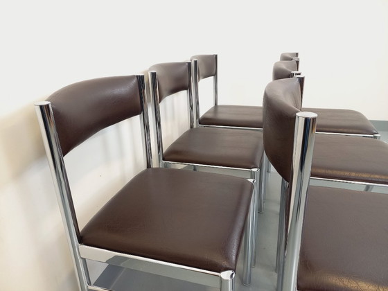 Image 1 of Set di 6 sedie vintage anni '70 in metallo cromato e similpelle marrone