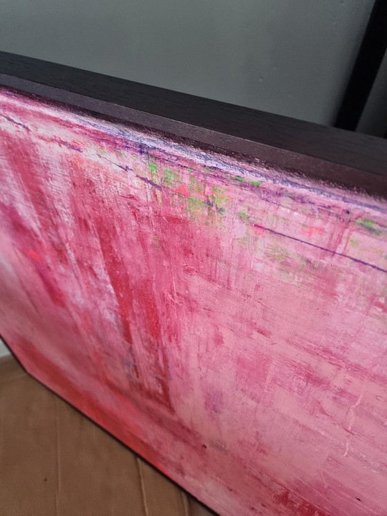 Image 1 of Frances Eckhardt – 90 x 120 cm abstraktes rosa Gemälde, handgefertigt, moderne Kunst, zeitgenössisch, gerahmt