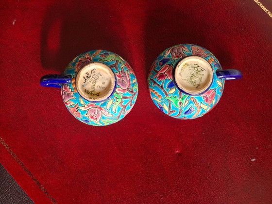 Image 1 of Tête à tête, set of 2 coffee cups and saucers in Longwy enamels