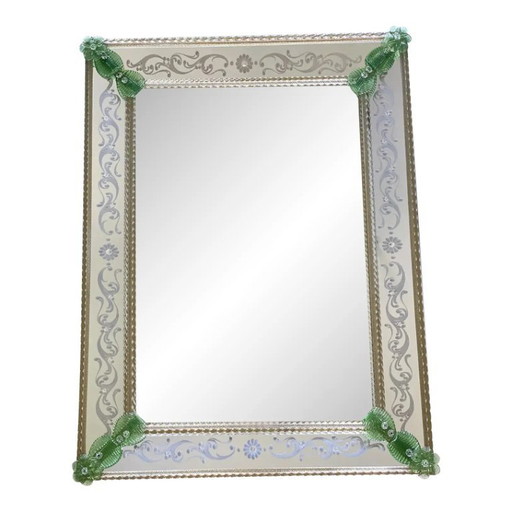 Italienischer, moderner rechteckiger Spiegel aus Muranoglas mit grünen, floralen Schnitzereien
