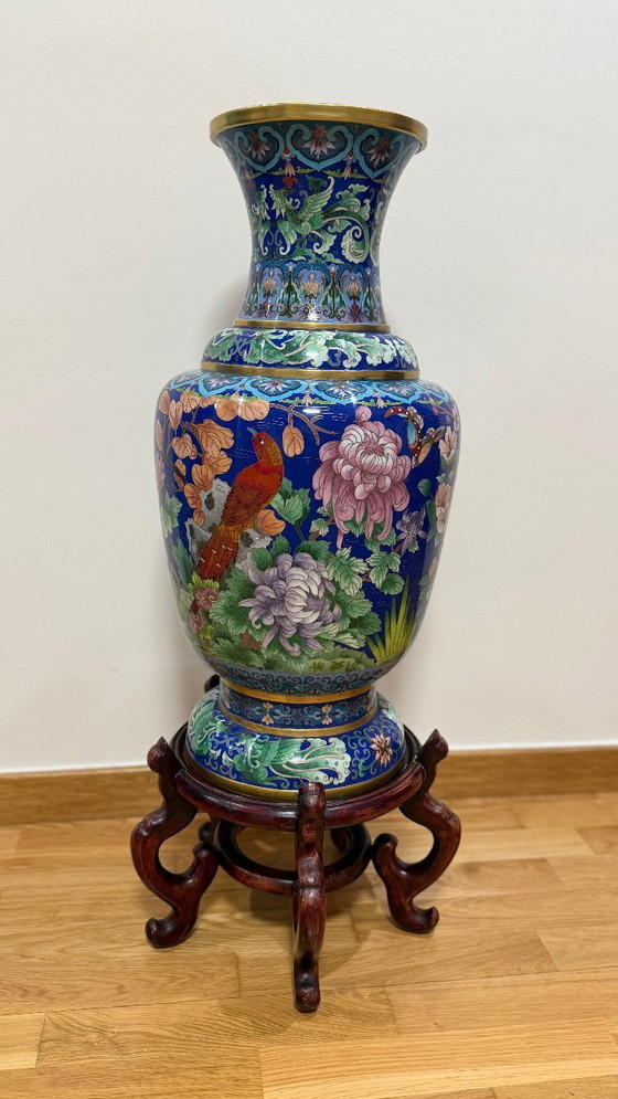 Image 1 of Monumental Chinese Cloisonné Vase - 84 cm With Base - Jingtai Blue Enamel - Impeccable