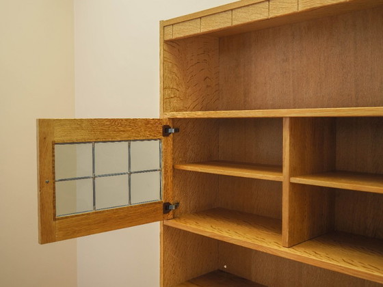 Danish Oak Bookcase by Henning Kjærnulf with Glass Doors and Geometric Panels, 1960s – Wood (photo 16 of 21)