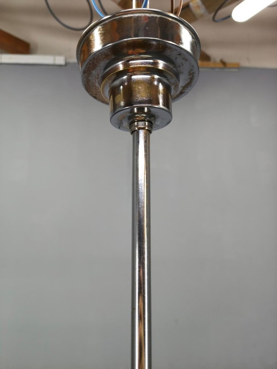 Image 1 of Art Deco Brass Pendant with Geometric Opaline Glass, Czechoslovakia 1930s