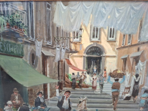 Image 1 of Huile sur toile de Francesco Tammaro, Scène de marché napolitain, 80 x 130 cm