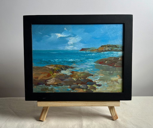 Peinture à l'huile originale représentant un paysage côtier marin à l'horizon.