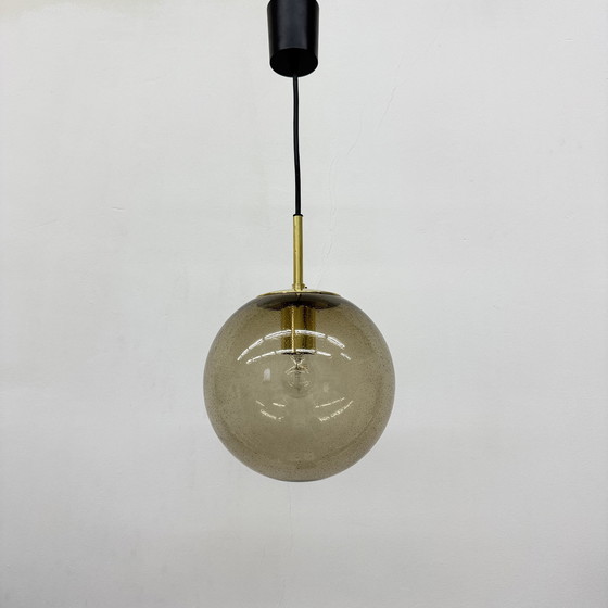 Image 1 of Limburg Glashütte Brass Smoked Glass Ball Pendant Hanging Lamp, 1970s