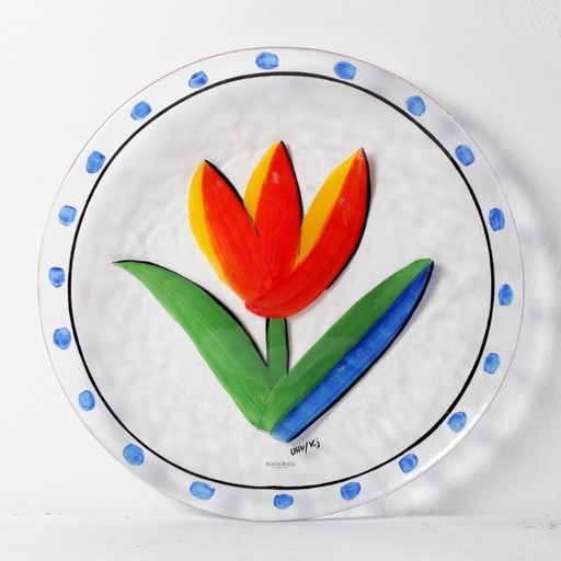 Plat vintage Kosta Boda design fleur de tulipe scandinave par Ulrica Hydman Vallien / Suède / 1991