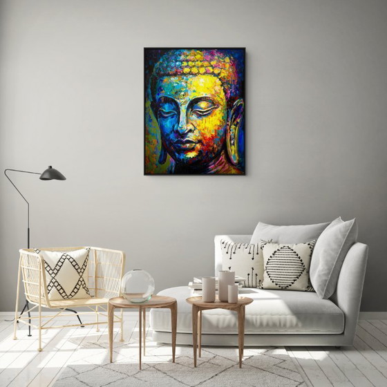 Image 1 of Unique hand-painted Buddha painting “Radiant Silence” – Seksak Jaichumchen – 80×100 cm