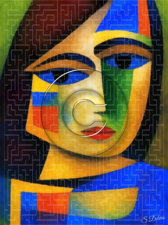 Image 1 of Gekleurd Canvas Frame / Abstracte Indiase Vrouw / Abstracte Kunst / Wanddecoratie (60 x 80 cm)