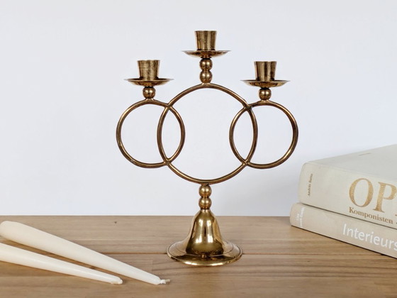 Image 1 of Candélabre vintage en laiton, porte-bougie conique à 3 bras, style milieu du siècle