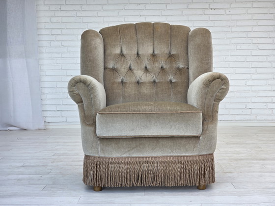 Image 1 of 1970s Danish Armchair, Original Condition, Furniture Velour, Beech Wood
