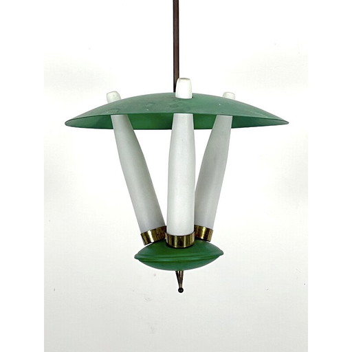 Vintage hanglamp met 3 opaline glazen en metaal, Italië 1950
