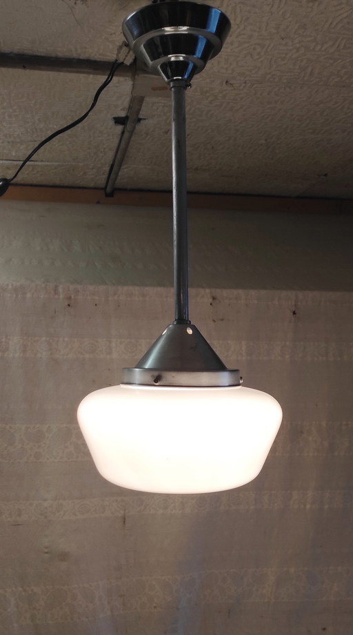 Bauhaus pendant light in metal and opaline glass globe - mid-20th century