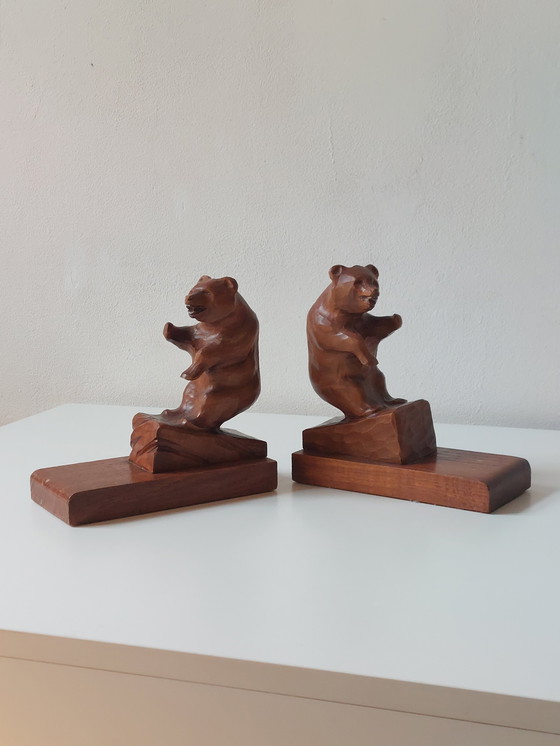 Image 1 of Paire de serre-livres anciens sculptés à la main, sculpture d'ours