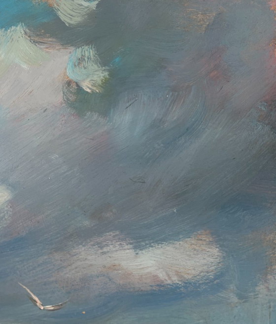 Image 1 of Peinture à l'huile originale Paysage côtier d'été Vagues de la mer et cris de mouettes