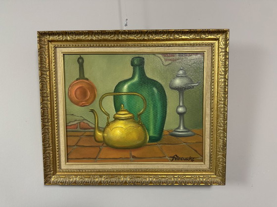 Image 1 of Magical Realist Kettle and Jug Still Life by Ferdinand Vercnocke, Oil on Canvas, Belgium, Mid-20th Century