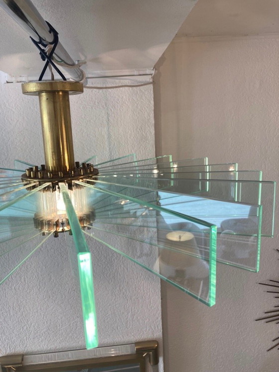 Image 1 of Incredibile grande lampada da incasso in ottone e vetro alla maniera di Fontana Arte ca. 1950s