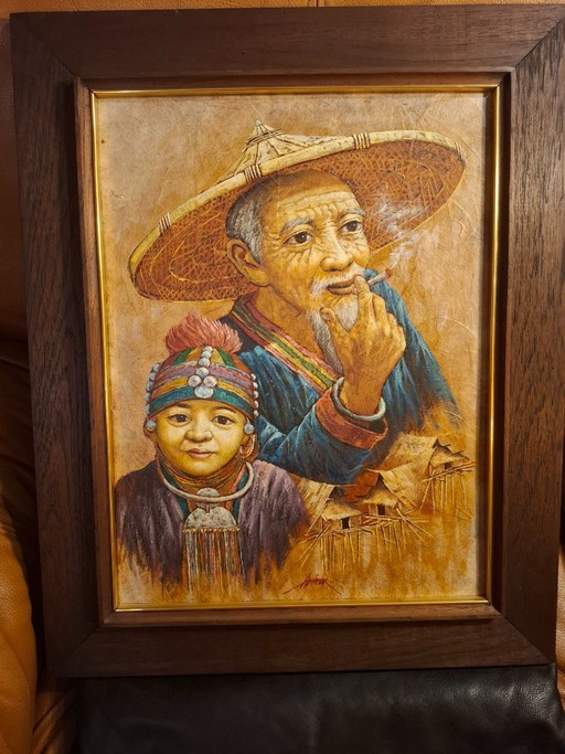 Vintage Thai signiertes Apirak Achawapichettum Älteres und Kinderportrait
