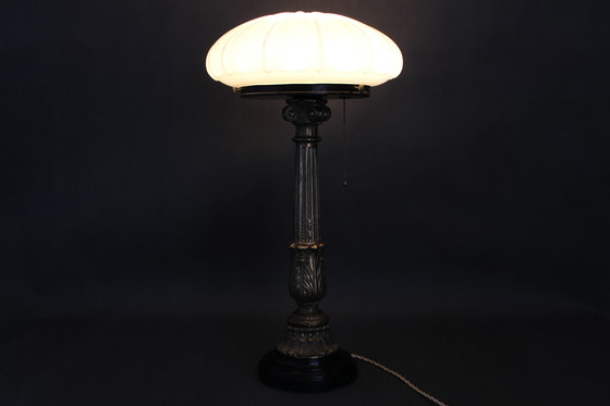 Image 1 of 1940s Restored Brass Table Lamp with Wooden Base and Glass Shade